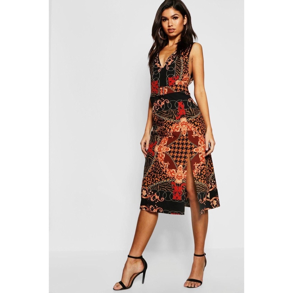 Nasty Gal Pick and Mix Scarf Print Midi Dress US 4 Black Red Gold Leopard Chain